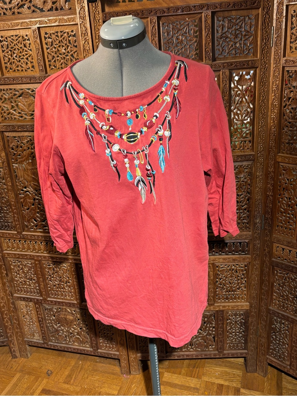 Bob Mackie Coral Red Embroidered Necklace-Style Long Sleeve Top